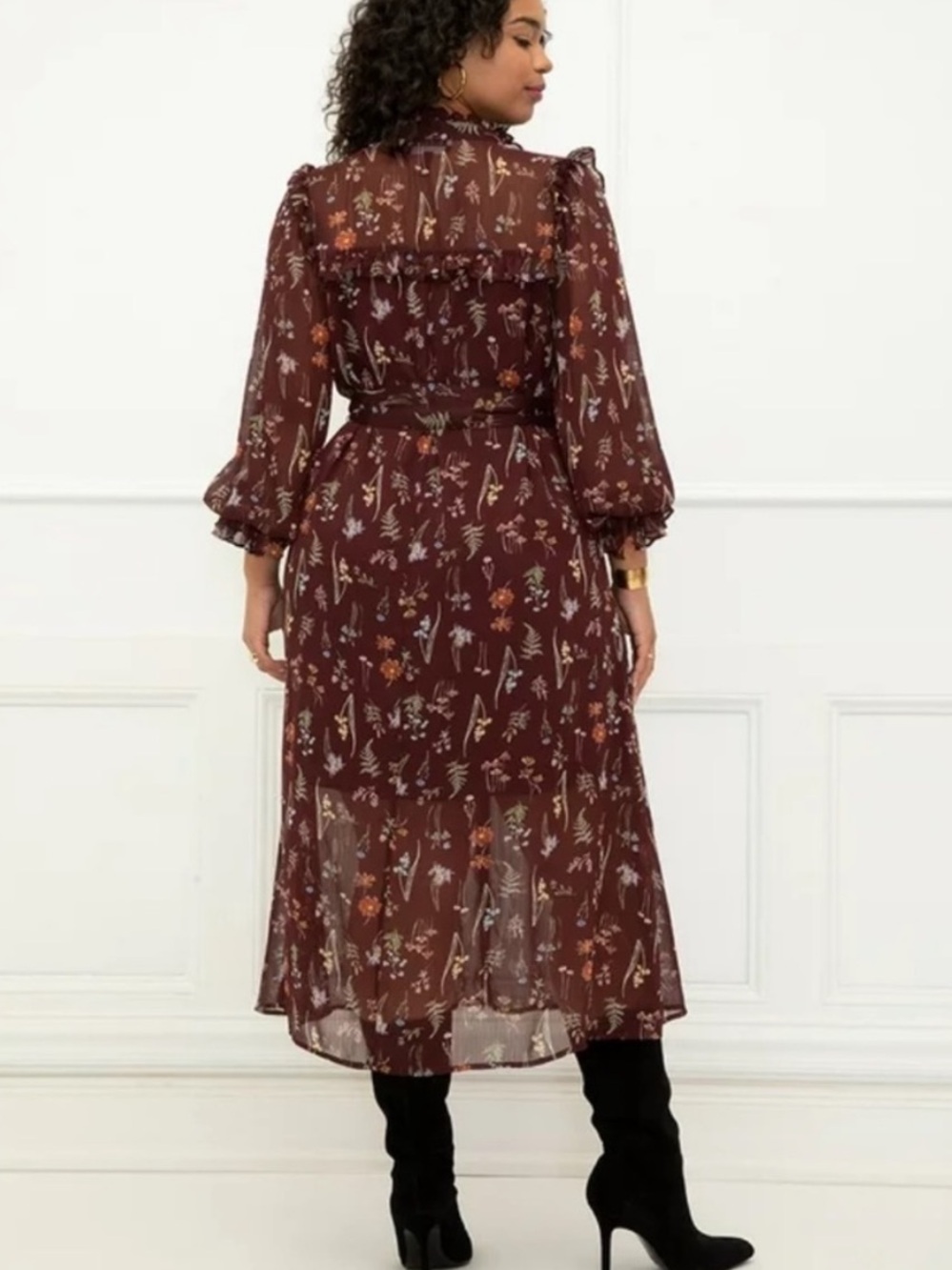 Eloquii Brown Flowy Floral Maxi Long Sleeve Belted Ruffle Flowy Shirt Dress 24 - Picture 2 of 12